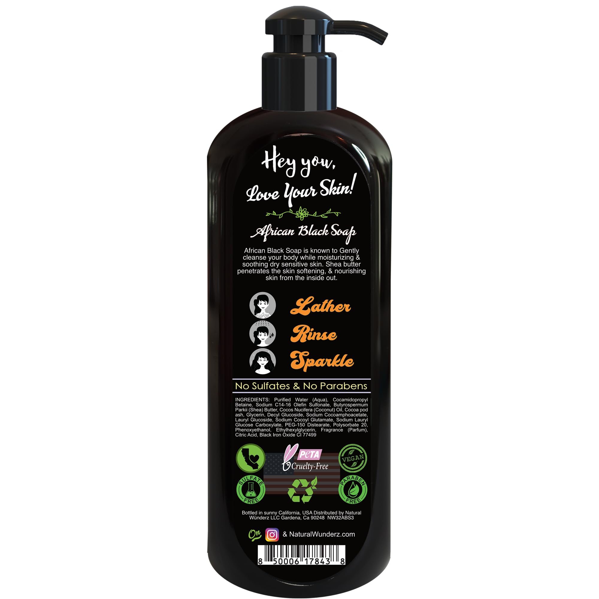 Natural Wunderz Body Wash with African Black Soap and Shea Butter, 32 Fl Oz Shower Gel, Promotes Acne Treatment, Contains All Natural Extracts, Vegan, and Sulfate-Free Body Scrub